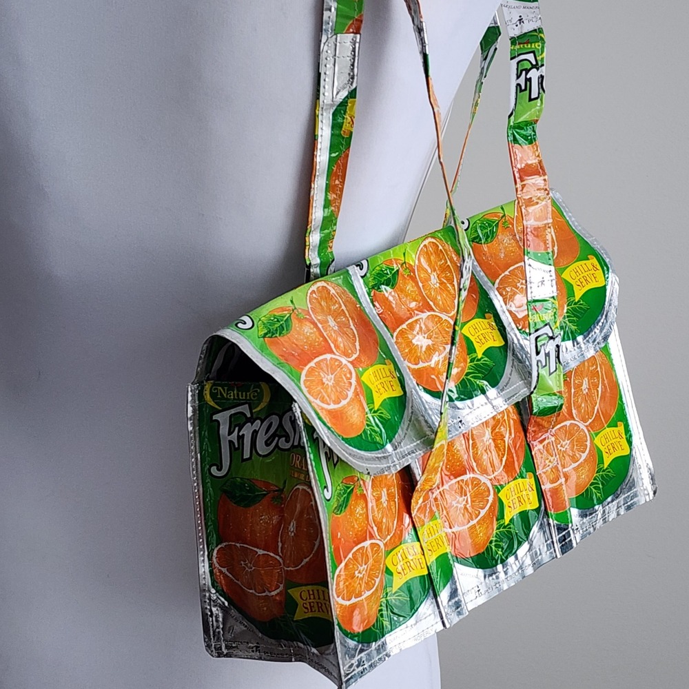Upcycled Orange Juice‎ Pouch Shoulder Bag Tote Recycled Tetra Pak Eco Purse
